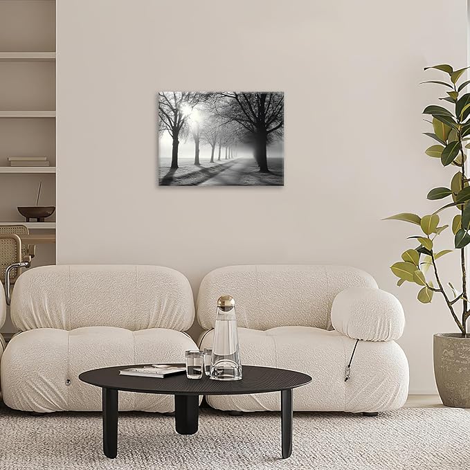 Olivine Tree Wall Art, Black And White Pictures Wall Decor, Mist Forest Painting Nature Lanscape Canvas Prints, Framed Artwork for Bathroom Bedroom Living Room Kitchen Office Home Decoration 16"x12"