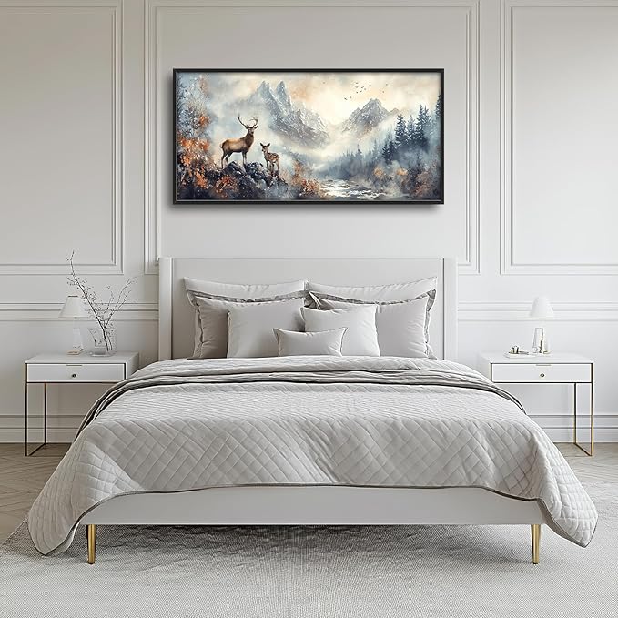 Deer Wall Art Large Landscape Nature Mountain Pictures Wall Decor Above Over Bed Canvas Prints Big Painting Framed Artwork Decoration for Bedroom Living Room Bathroom Office 60"x30"