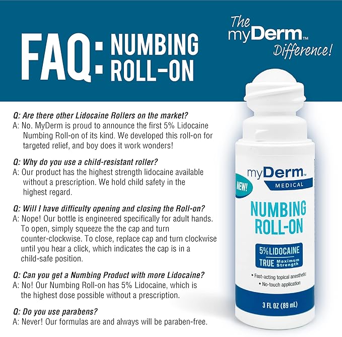 Myderm Medical 5% Lidocaine Numbing Roll On - Pack of 2 - for Minor Aches, Scratches and Hemorrhoidal Discomfort - Made in The USA