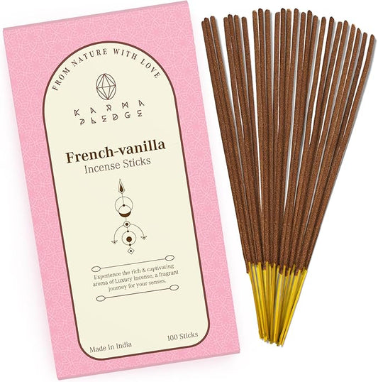 French Vanilla Incense Sticks, Organic Hand Dipped 100 Sticks with Natural Herbs & Aromatic Ingredients, Burn Time 45 to 60 Minutes, Incense for Positivity, Meditation, Relaxation, Spiritual Gift