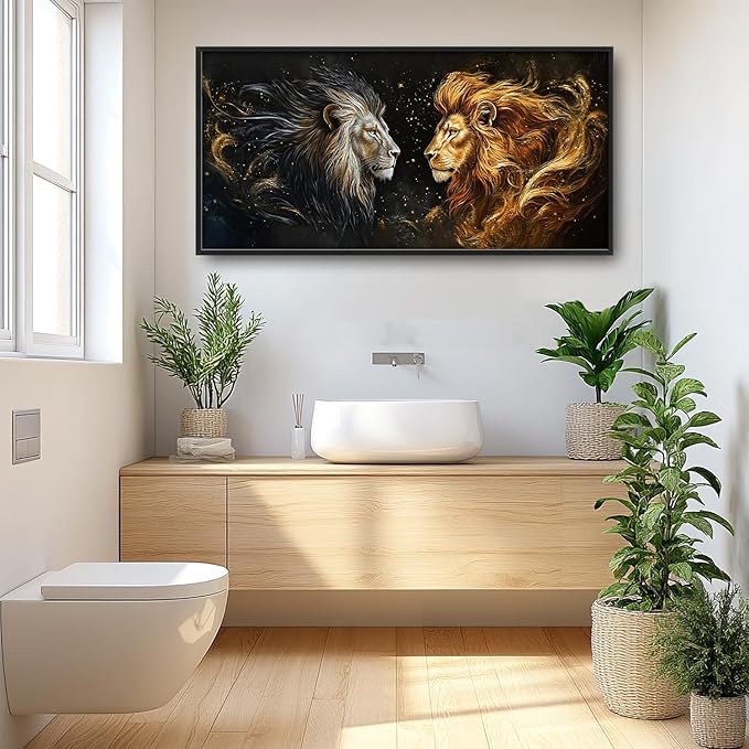 SweetFox Extra Large Lion King Framed Wall Art for Living Room, Lion and Golden Lioness Pictures Oversized Wall Decor Abstract Canvas Painting Print Artworks for Bathroom Master Bedroom 60L X 30W