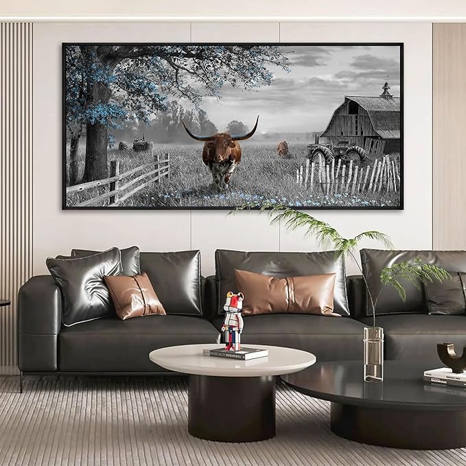 yiijeah Western Decor for Home - Large Pictures Wall Decor Living Room Modern Rustic Farmhouse Framed Wall Decor Prints Highland Cow boho Longhorn Decor Bedroom Canvas Artwork for Walls