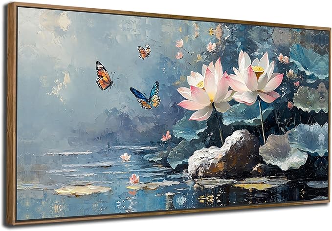 Ardemy Framed Canvas Wall Art Lotus Flower Painting for Living Room Blue Landscape Zen Butterfly Nature Artwork Bedroom Kitchen Bathroom Dining Room Home Office Spa Wall Decor, Large 40"x20"