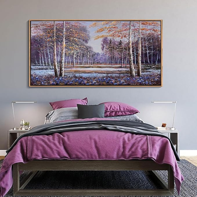 KLAKLA Landscape Wall Art - Blue and Orange Nature Scenery Tree Purple Wall Decor Living Room Bedroom Forest Pictures Framed Artwork for Wall Blue Flower Wall Art