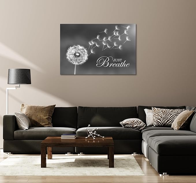 SKASNFAI Black and White Dandelion Zen Wall Art Canvas Just Breathe Motivation Positive Picture Art Print for Spa Yoga Meditation Wall Decor Ready to Hang (12L x 16W)
