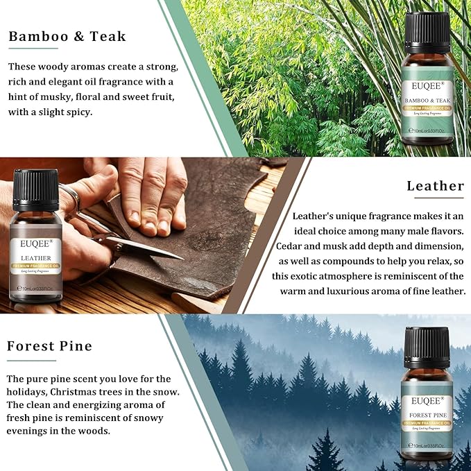 Fragrance Oils Gift Set Premium Woody Scented Oil - Forest Pine, Warm Rustic Woods, Bamboo & Teak, Cedarwood, Leather, Sweet Tobacc(Honeyed Haze), for Diffuser, Soap Making, Candle - 6x10ml