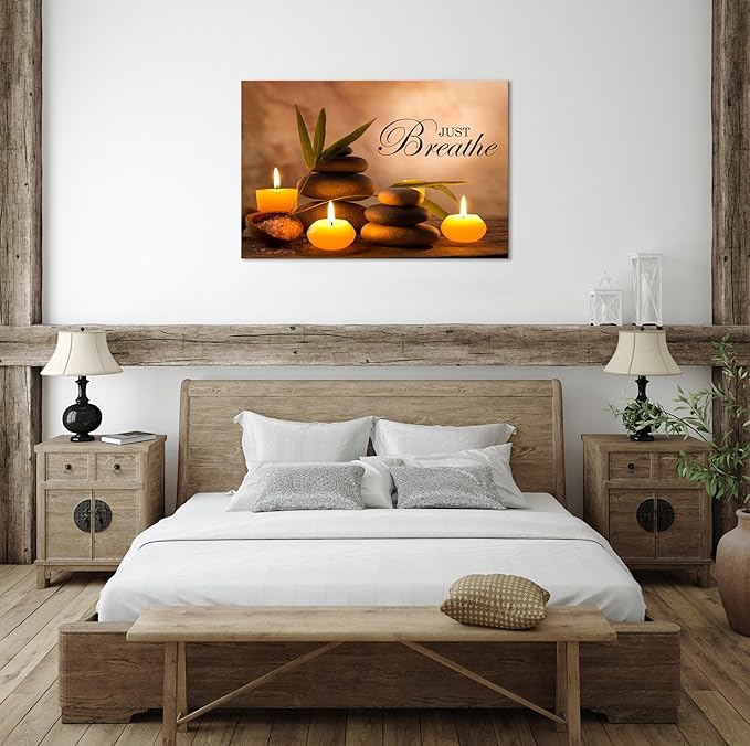 YIOZHAOFH Zen Wall Decor Just Breathe Motivational Bathroom Wall Art Yoga Room Poster for Women Spa Picture Painting Spiritual Artwork Framed for Living Room Ready to Hang (24L x 36W)