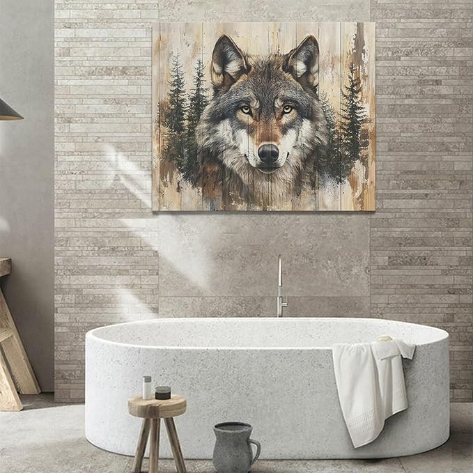 Vintage Wolf Wall Art Farmhouse Wildlife Wall Decor Country Animal Pictures Canvas Painting Artwork Home Decorations for Living Room Bedroom Bathroom Office 24"x20"
