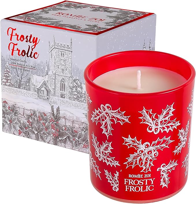 Christmas Scented Jar Candle - 6oz Soy Wax Candle - Frosty Frolic Infused with Pine Forest Aroma - with Beautiful Keepsake Box Special for Christmas/Holiday Gifts