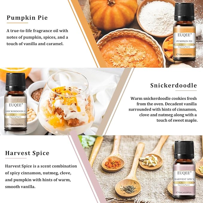 6PCS Spice Autumn Fragrance Oil Set, Scented Oils for Candle Making, Diffusers Aromatherapy Halloween Fragrance Oils for Diffuser & DIY Candles-Sandalwood, Harvest Spice, Bay Rum, Snickerdoodle