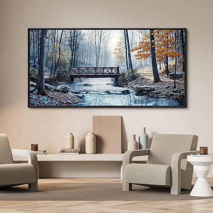 yiijeah Extra Large Living Room Wall Art - Modern Wall Decor for Bedroom Office Decor Mountain Forest Landscapes Village Bridge Painting Framed Canvas Prints Ready to Hang Wall Pictures Home Decor