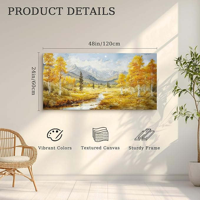 crmotu Autumn Landscape Wall Art, Birch Tree Forest Large Artwork, Mountain River Scenic Canvas Painting, Rustic Aesthetic Pictures Wall Decor Living Room Bedroom Bathroom Kitchen Art Prints 24x48inch
