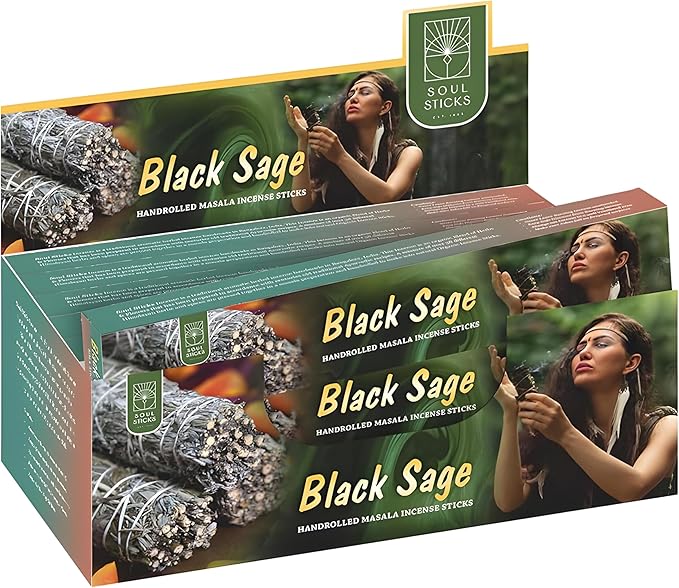 SOUL STICKS Hand-Rolled Incense Sticks Mystic Spirit Blends 180 Gram 12 Pack Box | 100% Natural Masala Incense Organic Home Fragrance Agarbatti (Black Sage)