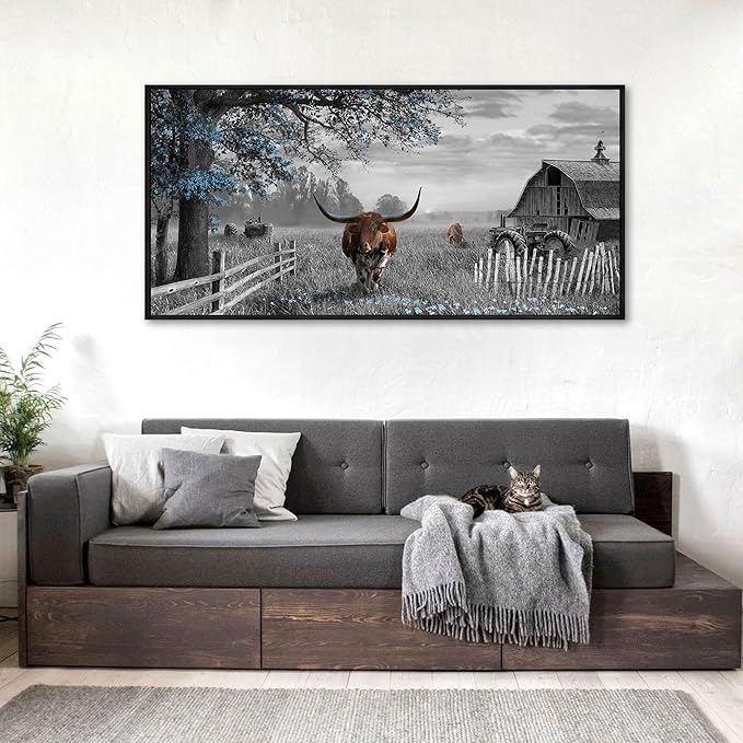 yiijeah Western Decor for Home - Cow Pictures Wall Decor Living Room Modern Rustic Farmhouse Framed Wall Decor Prints Highland Cow boho Longhorn Decor Bedroom Canvas Artwork for Walls