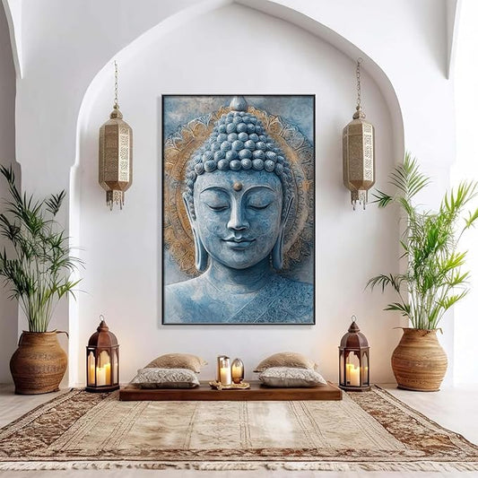Xoxuldzhg Blue Buddha Painting Wall Art, Buddha Head Art Print, Mandala Wall Decor, Zen Canvas Art, Meditation Wall Decor, Religious Wall Art, Yoga Room Decor (Black Framed, 24"Wx36"H/62x92cm)