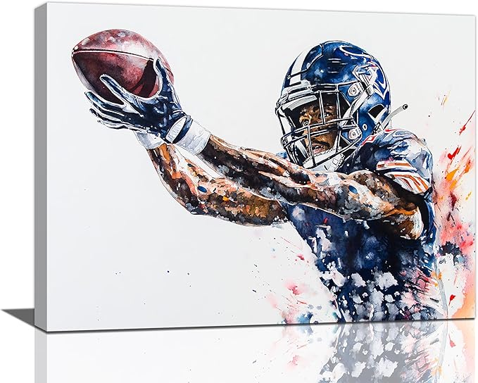 Football Wall Art Football Player Wall Decor Sports Pictures Canvas Painting Framed Artwork Home Decorations for Boy Room Living Room Bedroom Bathroom Office 16"x12"