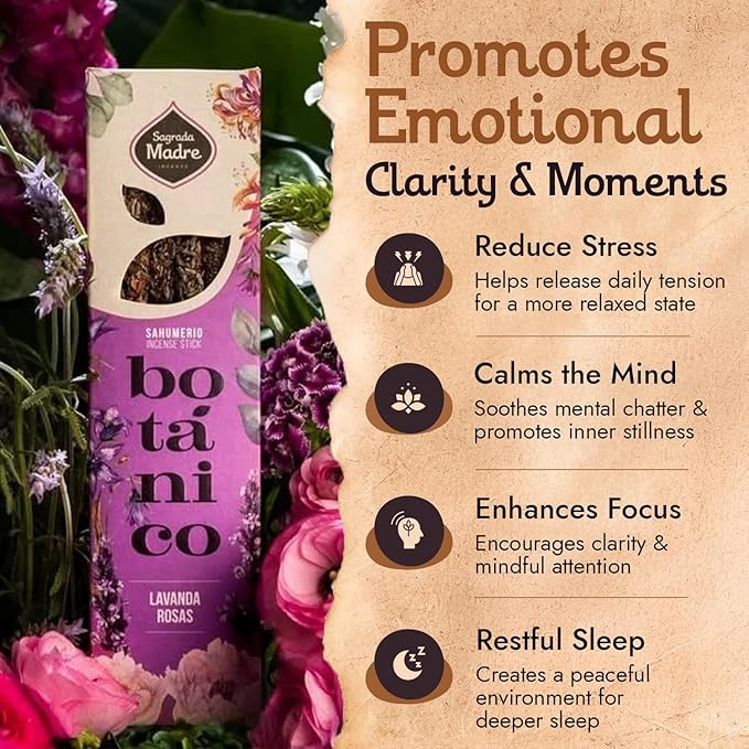 Roses Lavender Incense Sticks by Sagrada Madre - 6 Extra-Long Thick Rod with Lavender, Fruit Base & Natural Oil - Rose Incense Sticks for Relaxation, Good Fortune & Gratitude - 1 Hour Burn Time