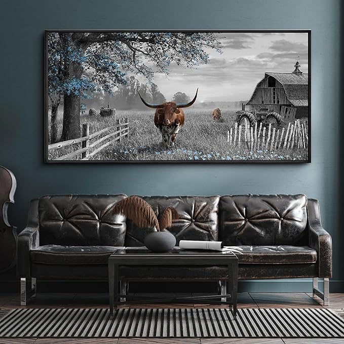 yiijeah Western Decor for Home - Cow Pictures Wall Decor Living Room Modern Rustic Farmhouse Framed Wall Decor Prints Highland Cow boho Longhorn Decor Bedroom Canvas Artwork for Walls