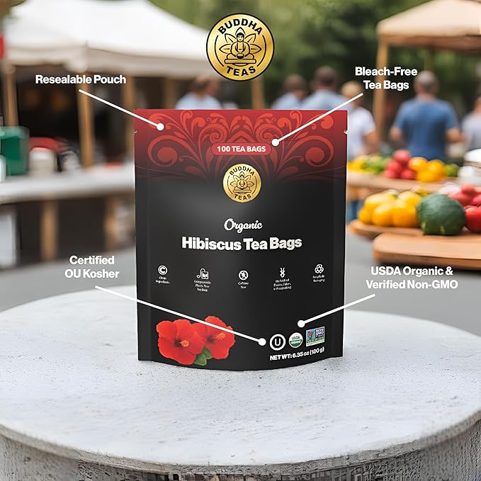 Buddha Teas - Organic Hibiscus Tea Bags - For Health & Wellbeing - With Antioxidants & Vitamin C - Clean Ingredients - Caffeine Free - OU Kosher & Non-GMO - 100 Non-String Tea Bags (Pack of 1)