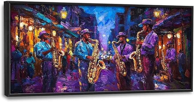 SweetFox Extra Large Banksy Jazz Music Framed Wall Art for Living Room, Jazz Band Banksy Pictures Oversized Wall Decor Abstract Canvas Painting Print Artworks for Bathroom Master Bedroom 60L X 30W