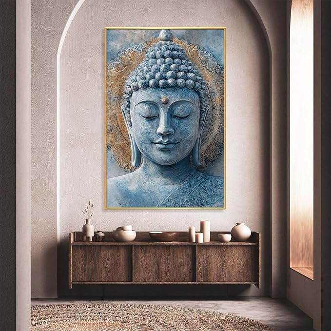 Blue Buddha Painting Wall Art, Buddha Head Painting, Mandala Wall Art, Zen Canvas Wall Art, Meditation Wall Decor, Religious Pictures Wall Decor, Yoga Room Wall Decor (Black Framed, 15"Wx23"H/40x60cm)