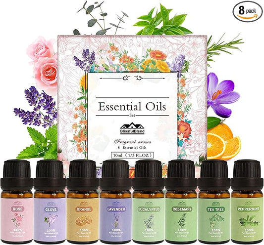 Aromatherapy Essential Oils Set, Pure Essential Oils for Diffusers for Home Care, Skin, Candle Making 8pcs -Peppermint, Lavender, Eucalyptus, Tea Tree, Rose, Rosemary, Clove, Orange 10 ML