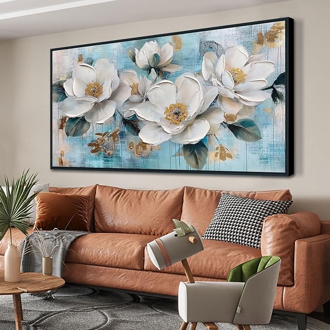 Ardemy Flower Large Wall Art for Living Room，White Gold Floral Canvas Framed Wall Art Painting Artwork Bedroom Picture Wall Decor Home Office 58"x29"