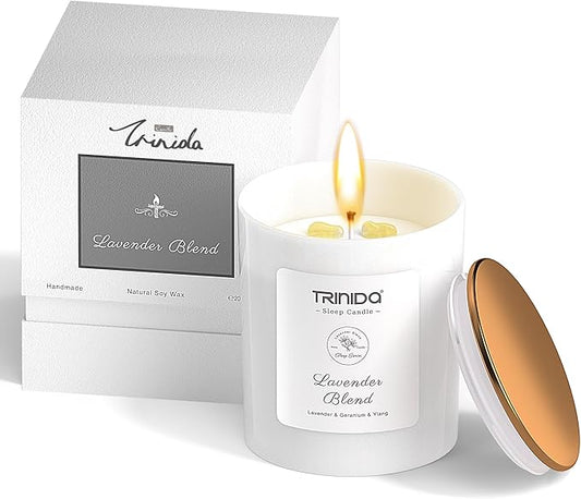 TRINIDa Aromatherapy Candle – Non-Toxic Soy Wax Candle with Citrine Crystal, Lavender Blend Essential Oil for Stress Relief, Long-Lasting, Natural & Organic, Candle Gift for Women, Ideal Home Candle
