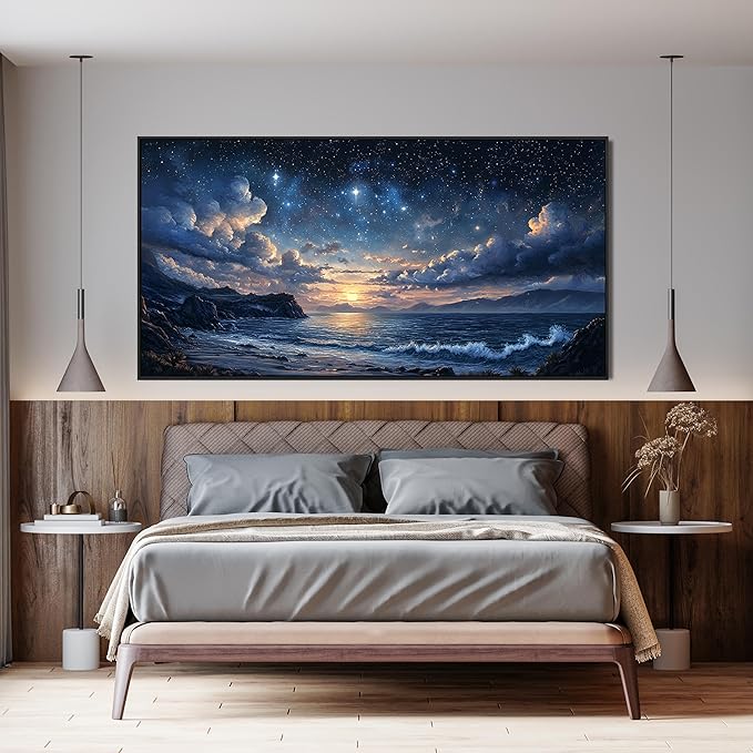 Canvas Wall Art Large Framed Wall Art Prints Modern Pictures for Living Room Landscape Coastal Wall Art Decorations Canvas Art Wall Decor Star Night Artwork for Walls Bedroom Office Decor 29"x58"