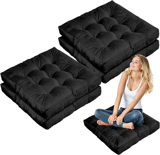 Jerify 4 Pcs Floor Pillow Cushions 22 x 22 Inch Round Square Large Meditation Floor Pillow for Classroom Adult Meditation Picnic Party Cushion for Seating Gift Christmas(Black,Square)
