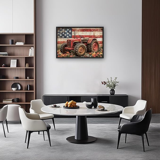 Framed Large Wall Art for Living Room, Farmhouse Tractors Canvas Wall Decor, Large Rustic Country Wildflowers Pictures Framed Painting, Natural Landscape Artwork for Bedroom Office Home Decor 36L'' × 24W''