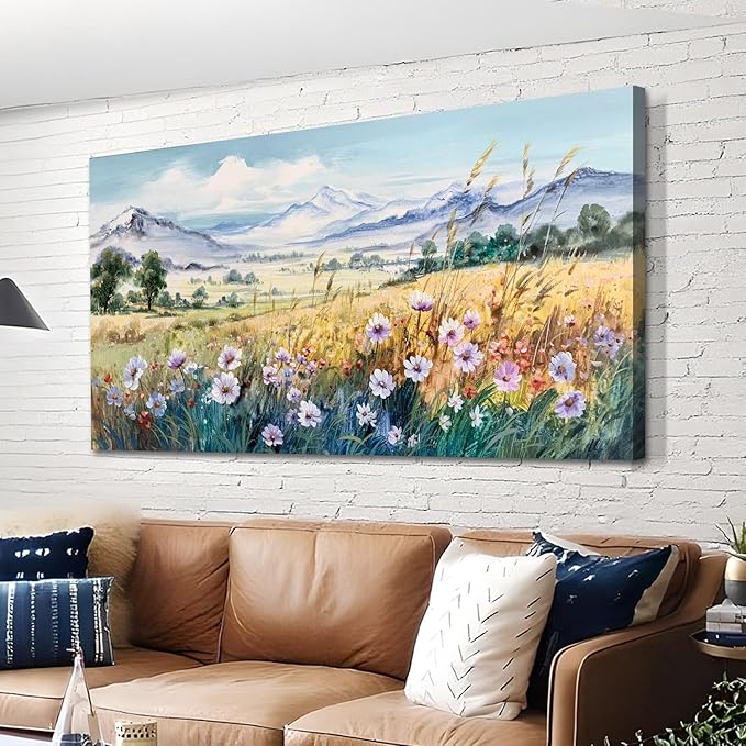 Anolyfi Rustic Farmhouse Canvas Wall Art Large Abstract Wildflower Landscape Painting Florals Mountain Picture, Textured Artwork Framed for Living Room Bedroom Bathroom Office Home Decor 58"x29"