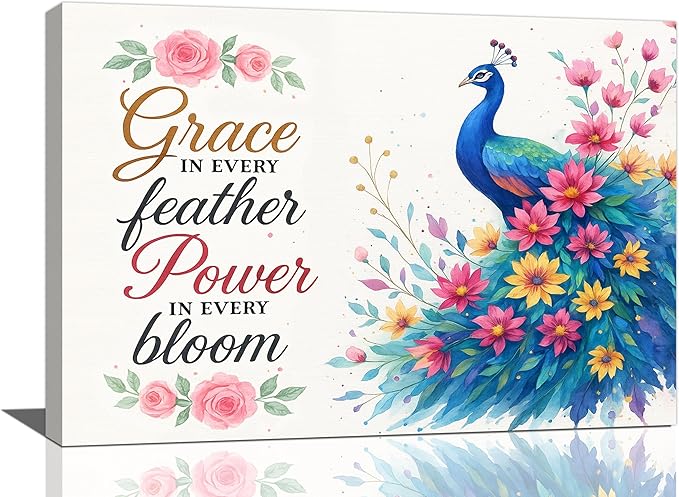 Peacock Wall Art Elegant Peacock Wall Decor Inspirational Canvas Print Painting Pictures Motivational Artwork Framed Decorations Gifts for Women girls Bedroom Bathroom Living Room Office 16"x24"