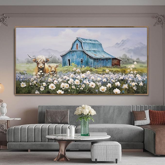 Anolyfi Barn Farmhouse Canvas Wall Art for Living Room, Highland Cow Picture and Country Chic Landscape Farm Painting Turquoise Artwork for Bedroom Office Hallway Home Decor, Wood Framed 48"x24"