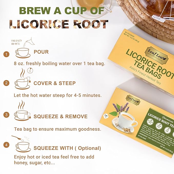 LeafLea 80 Licorice Root Tea Bags, Pure Licorice Spice Tea, Naturally Sweet, Te De Regaliz Herbal Gently Supports Relaxation and Digestive Comfort, Nutrient-Rich, Vegan, Sugar- free, Caffeine Free