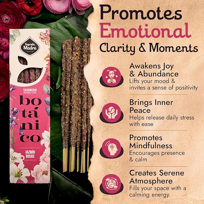 Jasmine Incense Sticks - 6 Handmade Extra-Long & Thick Sticks with Essential Oils, Rose Petals & Jasmine for Abundance, Calm & Relaxation - 1 Hour Burn Time