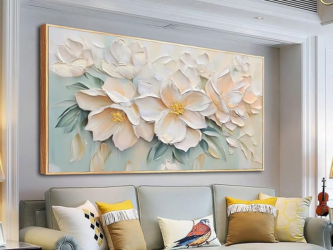 Anolyfi White Textured Flowers Canvas Wall Art for Living Room, Modern Aesthetic Abstract Sage Pink Florals Picture Painting, Large Artwork for Hallway Bedroom Office Home Decor, Wood Framed 40"x20"