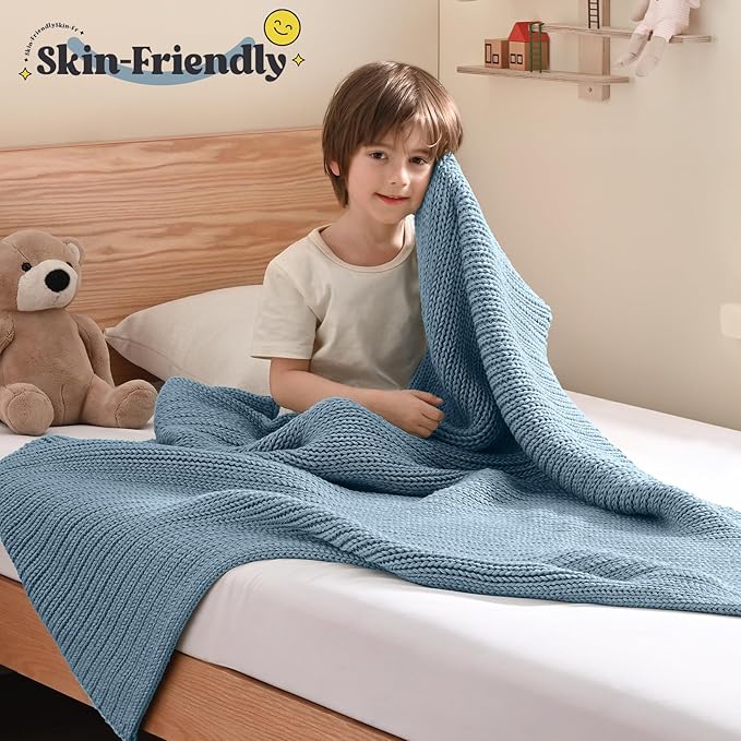 Guohaoi Knitted Weighted Blanket Kids (Haze Blue 40"x60" 7lbs) No Beads Cooling Heavy Blanket, Home Decor Breathable Chunky Knit Throw Blanket for All-Season Use