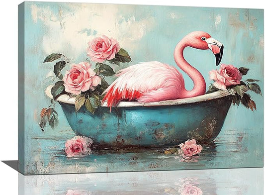 Olivine Flamingo Wall Art, Funny Animal Bathtub Pictures Wall Decor, Vintage Flamingo Bathroom Painting Tropical Animal Canvas Prints, Framed Artwork for Bedroom Living Room Office Home 24"x16"
