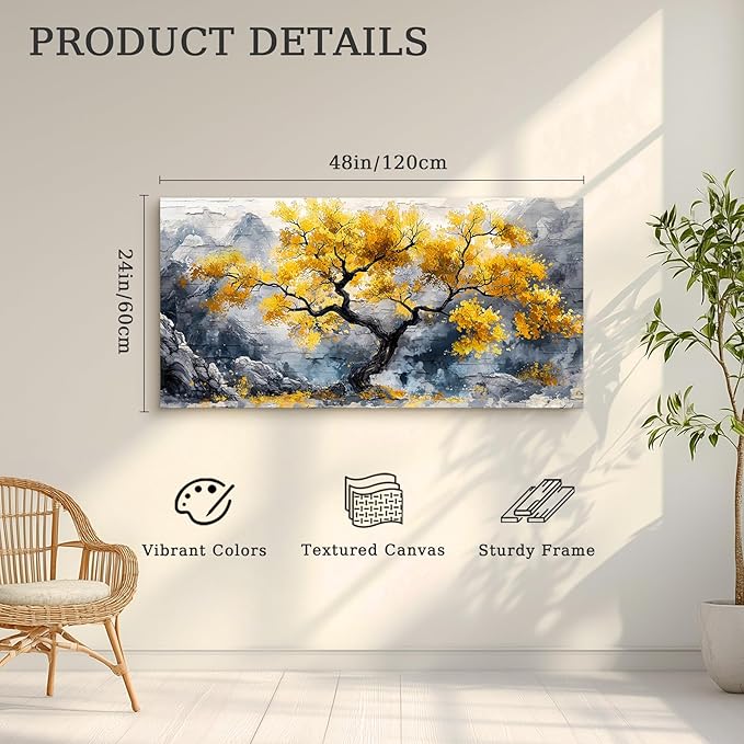 crmotu Tree of Life Large Wall Art, Chinoiserie Scenic Ink Paintings, Mountain Tree Landscape Artwork for Walls, Abstract Watercolor Modern Wall Decor Living Room Bedroom Office Art Prints 24x48inch