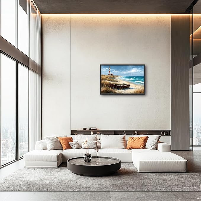 Glocmna Large Ocean Lighthouse Wall Art for Living Room Beach Coastal Scenery Wall Decor summer nautical Seascape Canvas Pictures Painting Print Framed Artwork Decorations for Bedroom Home Gifts 24"x36"