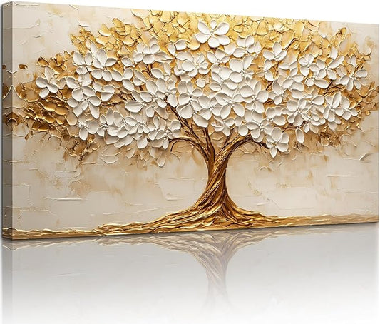 crmotu Tree of Life Large Wall Art, Blooming Flower Tree Art Prints, White Gold Abstract Landscape Paintings, Modern Trendy Home Wall Decor Living Room Bedroom Above Bed Canvas Pictures 24x48 Inch