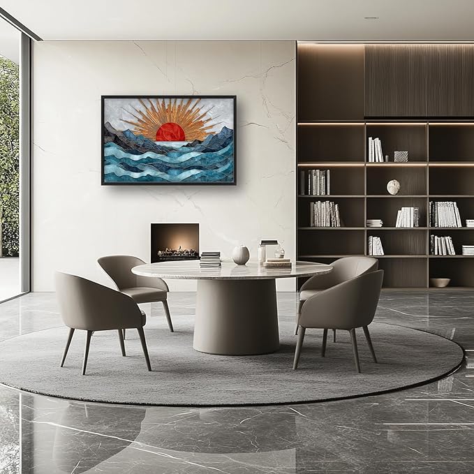 Glocmna Large Wall Art for Living Room Japanese Stained Glass Mountain Sunrise Wall Decor Modern Oriental Landscape Canvas Big Pictures Painting Print Framed Artwork Decorations Gifts for Bedroom Home Office Hotel 24"x36"