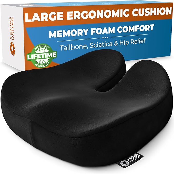 5 STARS UNITED Seat Cushion for Tailbone Pain Relief – Large Memory Foam Cushion for Coccyx, Hip, Sciatica & Post-Surgery Recovery – Wheelchair, Car, Desk, Gaming & Office Chairs, Black
