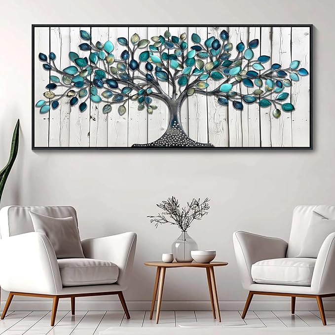 CHATYOUNG Large Trees Wall Art - Teal Leaves Gray Wood Texture Background Paintings Abstract Tree of Life Pictures Artwork for Living Room Bedroom Office Kitchen Home Decor 71"x32"