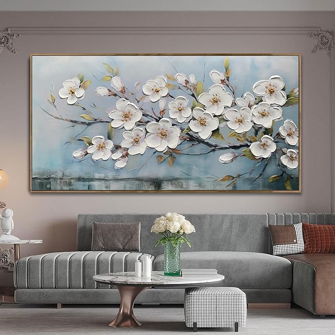 Anolyfi Large White Textured Flowers Wall Art for Living Room Canvas Painting, Modern Elegant Landscape Artwork for Bedroom Hallway Kitchen Office Home Decor, Wood Framed 40"x20"