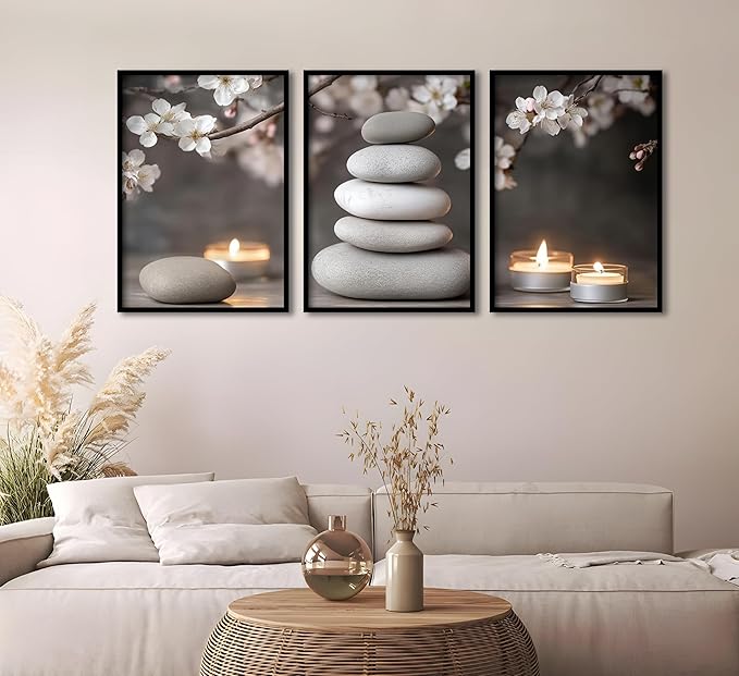 ZHJIOFXG Zen Flowers Wall Art, Zen Cherry blossoms Painting Picture Wall Decor, Stones Candlelight Poster Print, Calm Relaxation Meditation Artwork for Office Living Room Bedroom 12x16 in Unframed