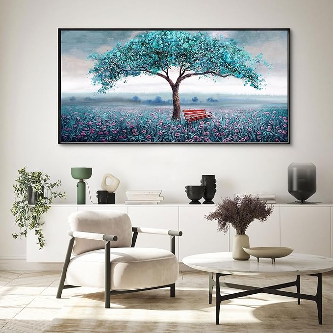 KLAKLA Large Tree Wall Art - Teal Blue Nature Tree of Life Abstract Canvas Painting for Living Room Modern Large Panoramic Landscape Framed Artwork for Bedroom Office Home Decor