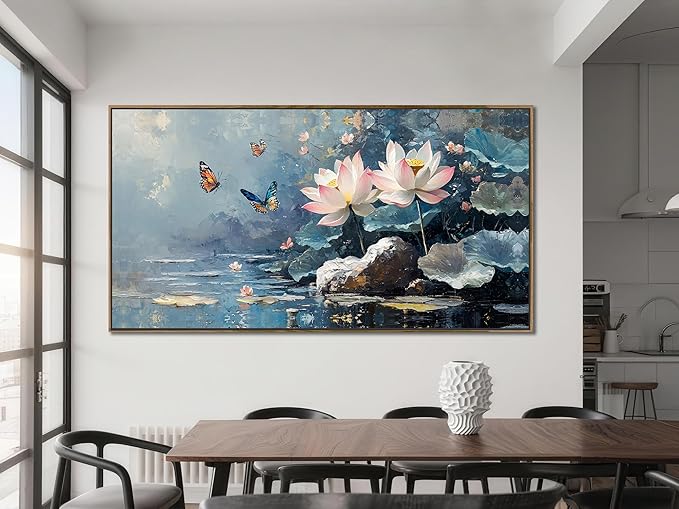 Ardemy Framed Extra Large Canvas Wall Art Lotus Flower Painting for Living Room Blue Landscape Zen Butterfly Nature Artwork Bedroom Kitchen Dining Room Home Office Spa Wall Decor, 58"x29"