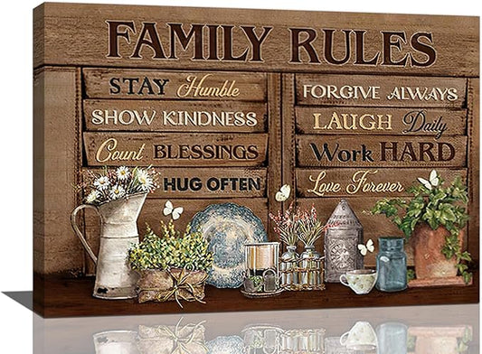Country Family Rules Wall Art Farmhouse Inspiration Wall Decor Rustic Flower Home Sign Pictures Canvas Painting Artwork Home Decorations For Living Room Bedroom Bathroom Office 24"x16"